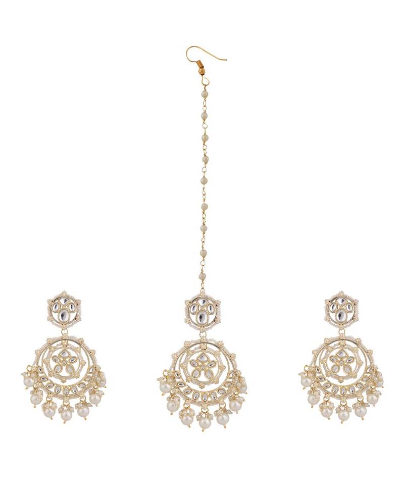 Gold Plated Kundan and Pearl Studded Chandbali Maang-tikka and Jhumka Earring