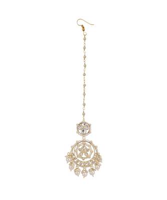 Gold Plated Kundan and Pearl Studded Chandbali Maang-tikka and Jhumka Earring 4