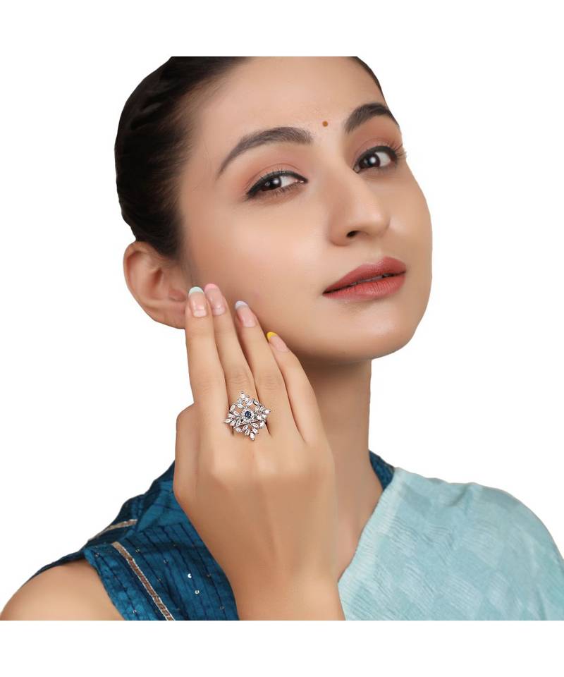 Silver Plated American Diamond Blue Stone Statement Ring