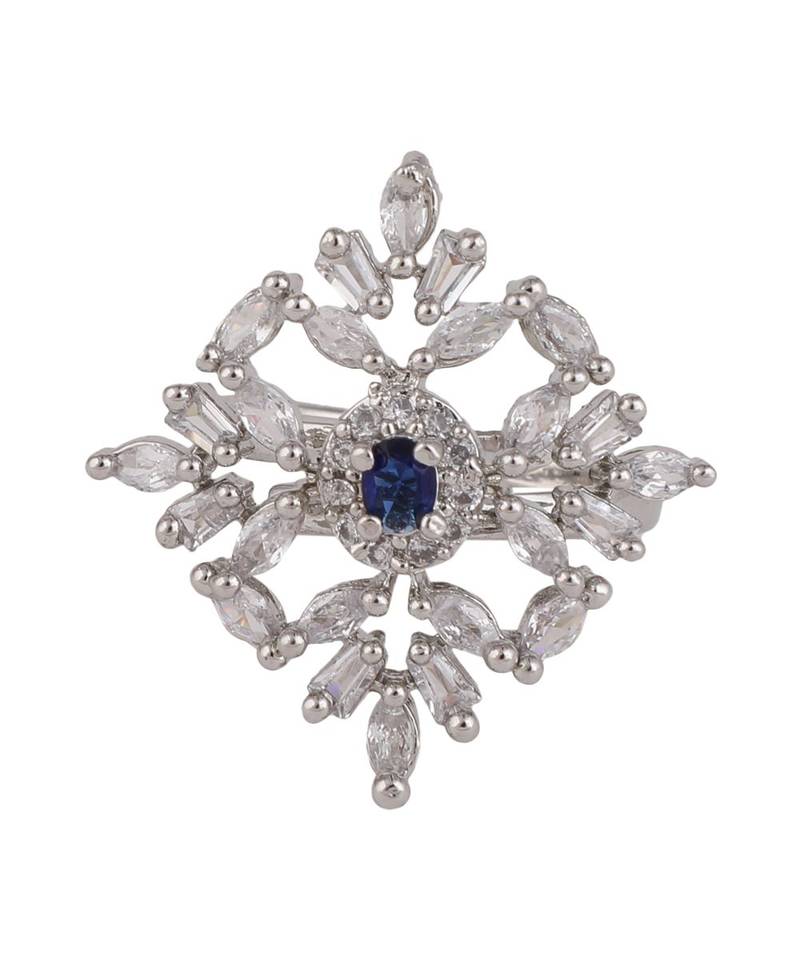 Silver Plated American Diamond Blue Stone Statement Ring