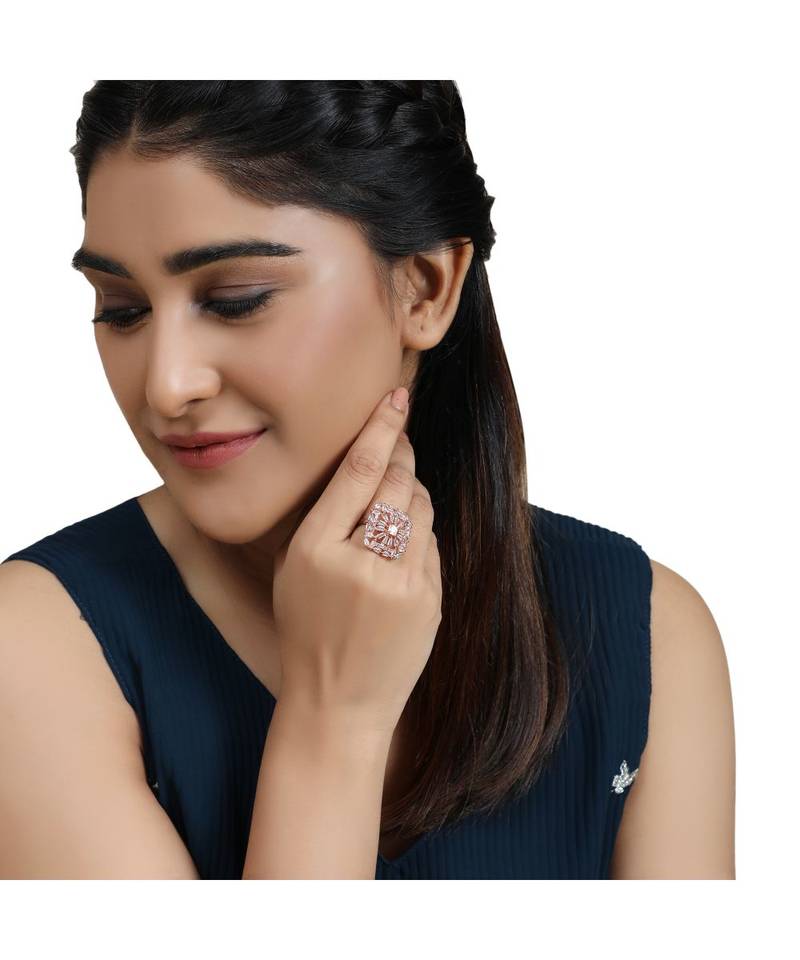 American Diamond Rose Gold Square shaped Cocktail Ring