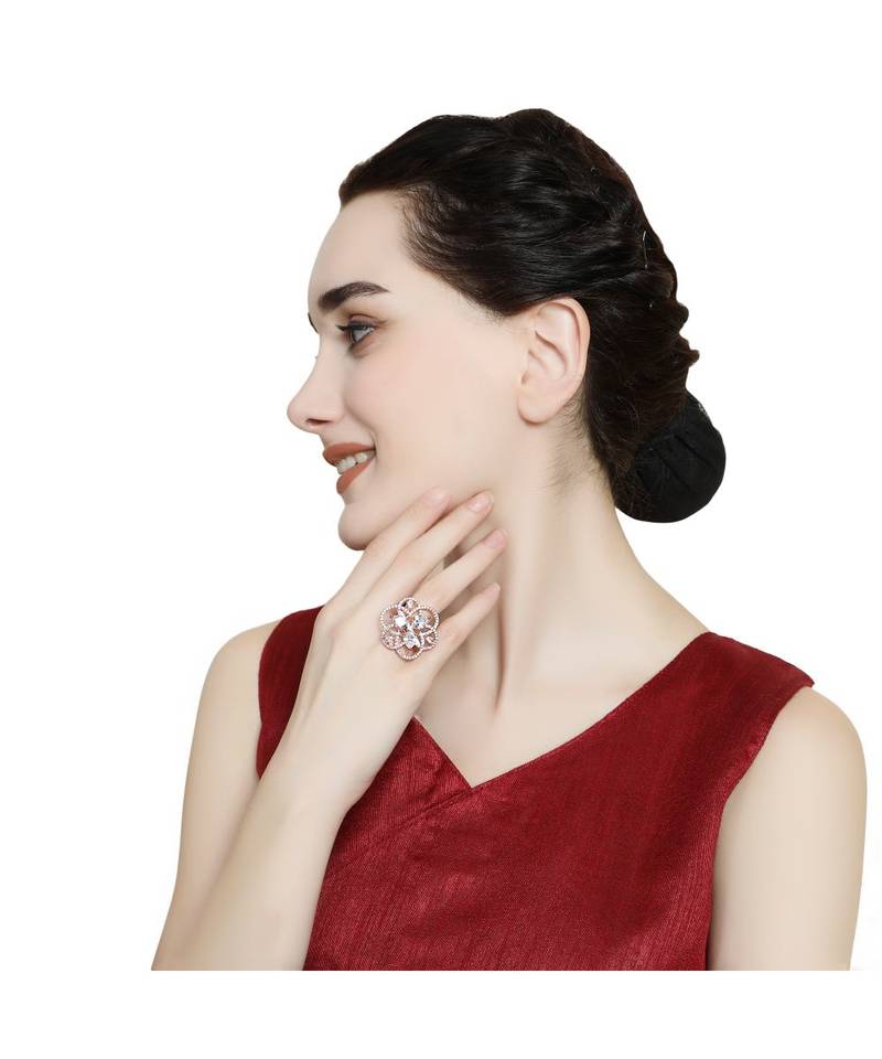 Rose Gold American Diamond Floral Shape Cocktail Ring