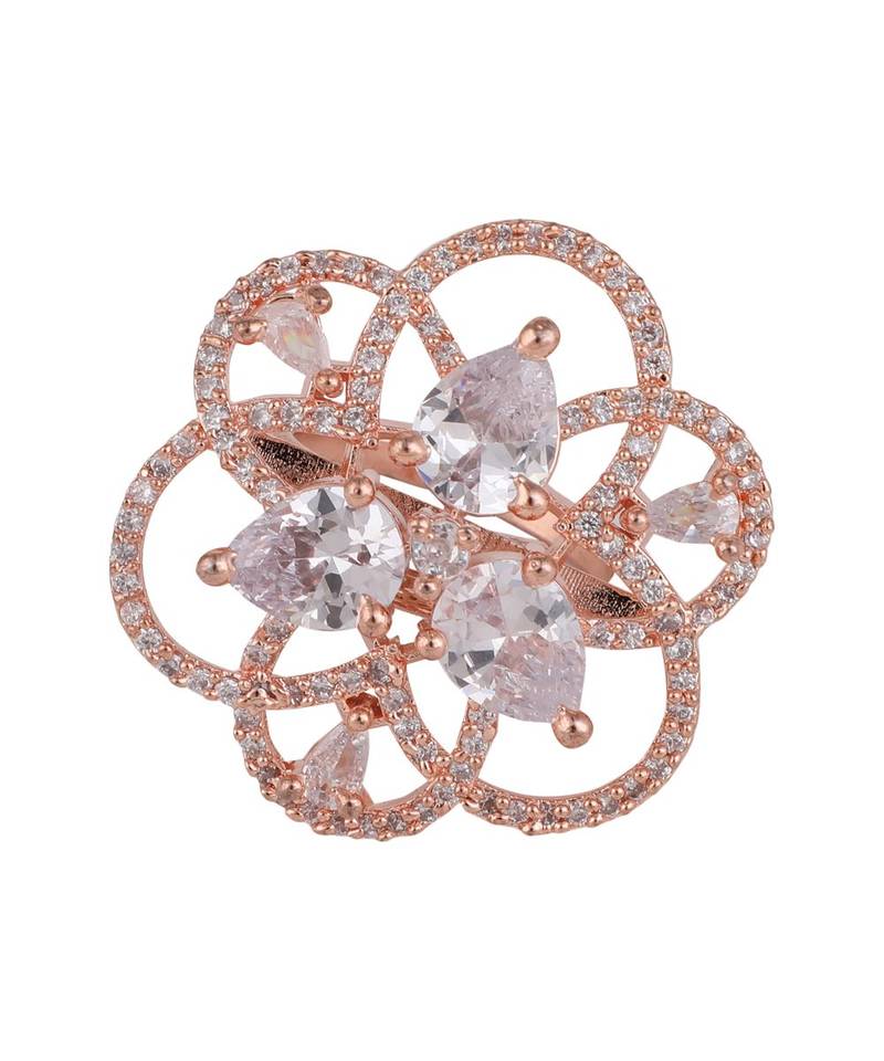 Rose Gold American Diamond Floral Shape Cocktail Ring