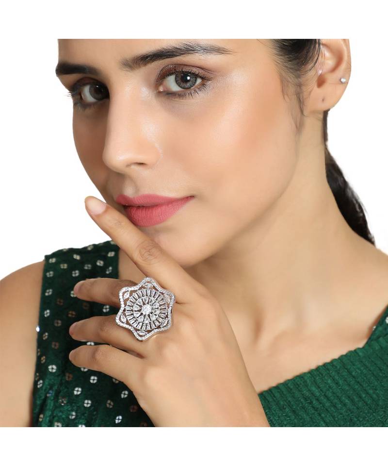 Absract Shape American Diamond Silver Cocktail Ring