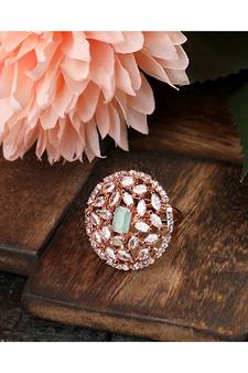 Rose Gold American Diamond Floral shape Blue Stone Cocktail Ring