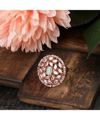 Rose Gold American Diamond Floral shape Blue Stone Cocktail Ring 1
