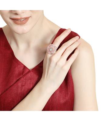 Rose Gold American Diamond Floral shape Blue Stone Cocktail Ring 2