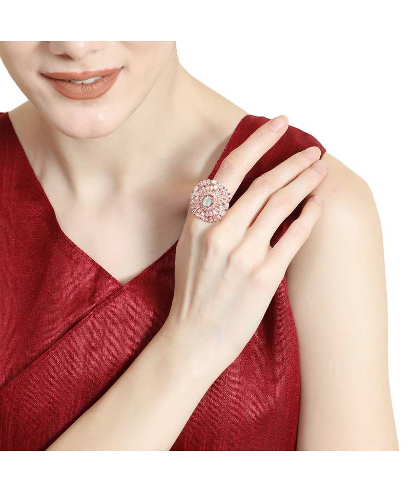 Rose Gold American Diamond Floral shape Blue Stone Cocktail Ring