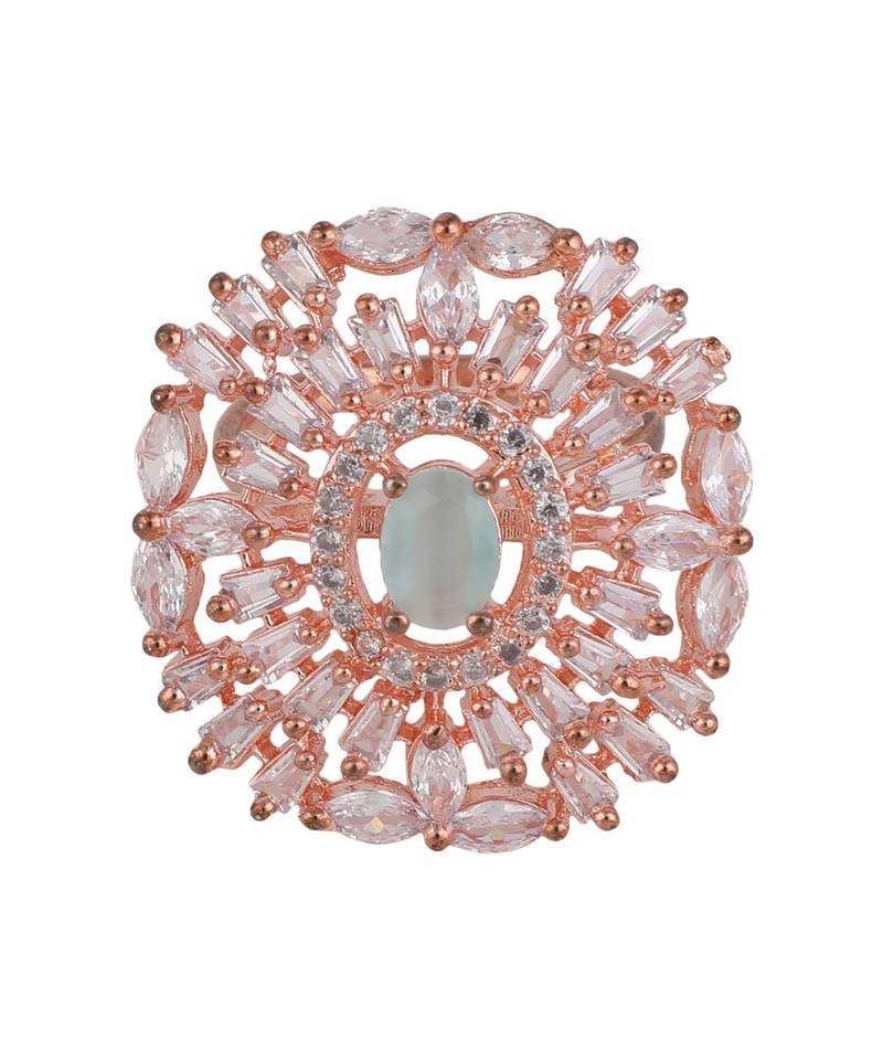 Rose Gold American Diamond Floral shape Blue Stone Cocktail Ring