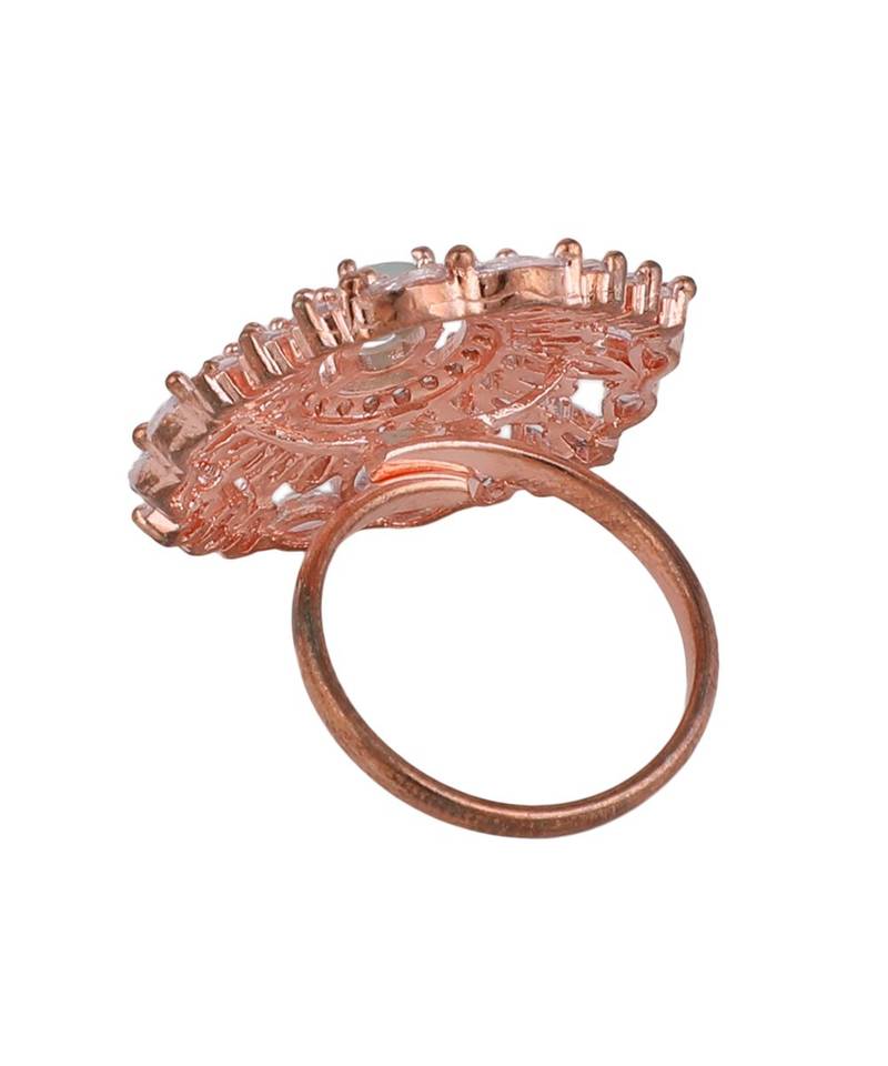 Rose Gold American Diamond Floral shape Blue Stone Cocktail Ring