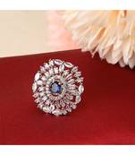 Silver American Diamond Floral Blue Stone Cocktail Ring