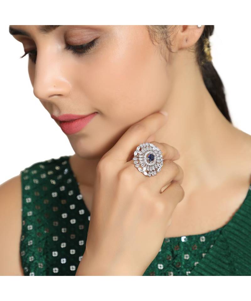 Silver American Diamond Floral Blue Stone Cocktail Ring
