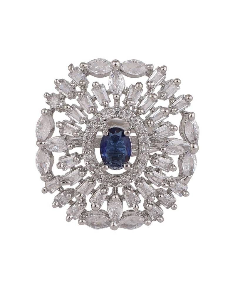 Silver American Diamond Floral Blue Stone Cocktail Ring