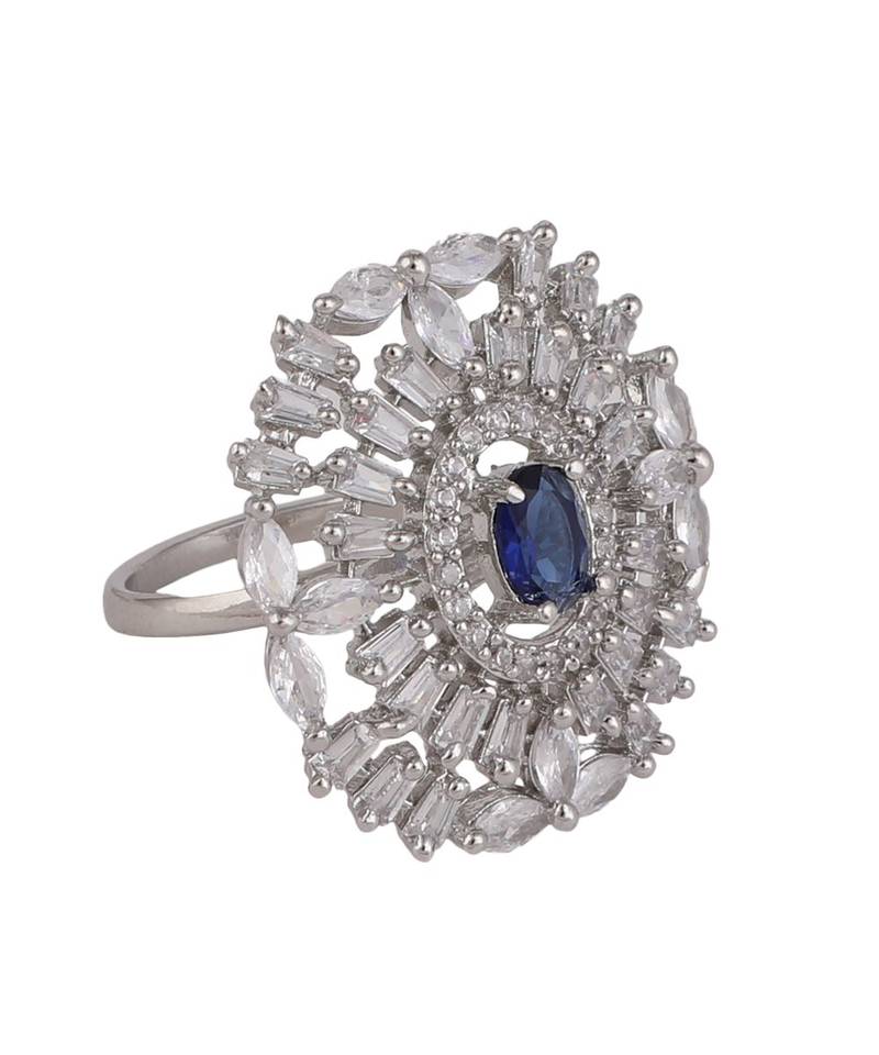 Silver American Diamond Floral Blue Stone Cocktail Ring