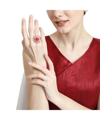 Rose Gold American Diamond Floral Red Ruby Stone Cocktail Ring 2