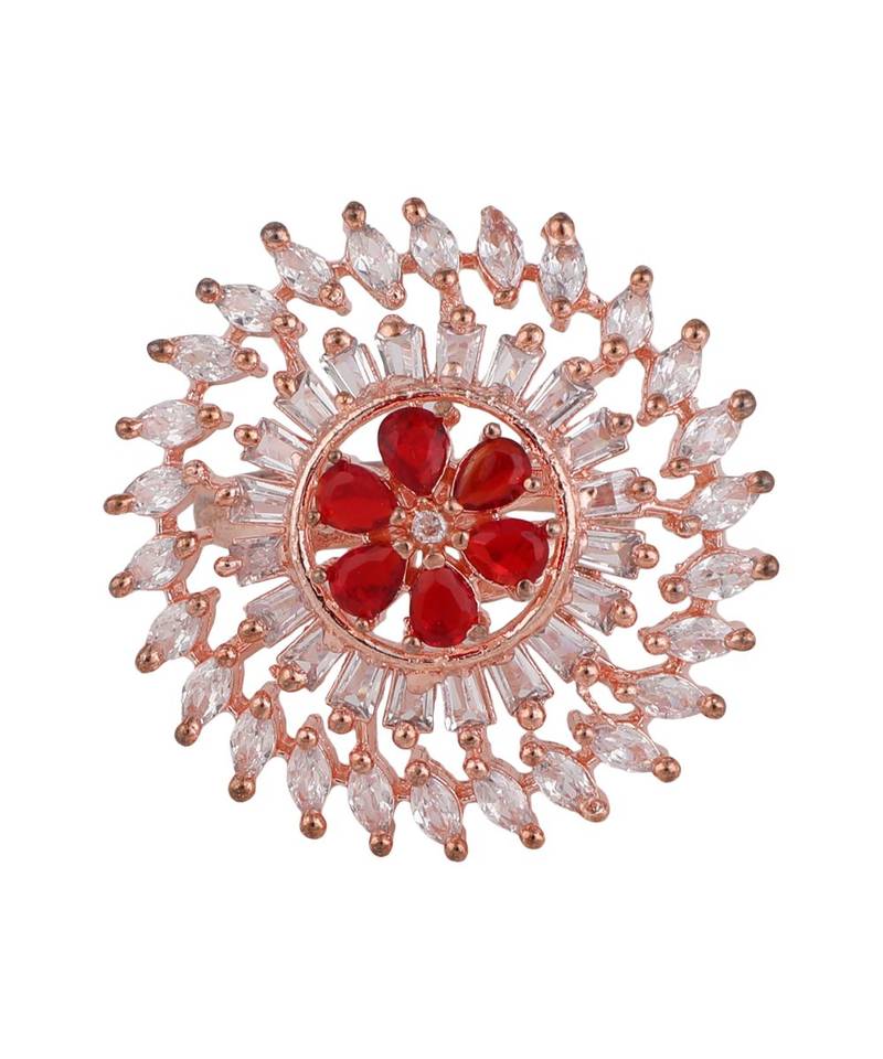 Rose Gold American Diamond Floral Red Ruby Stone Cocktail Ring