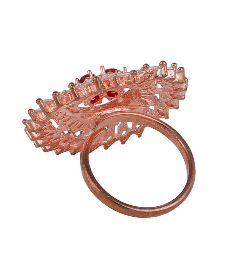 Rose Gold American Diamond Floral Red Ruby Stone Cocktail Ring