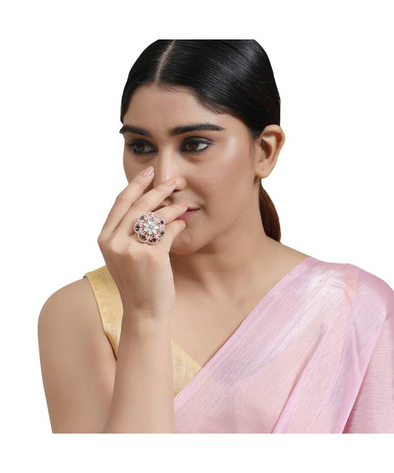 Rose Gold Floral Multicolor American Diamond Cocktail Ring