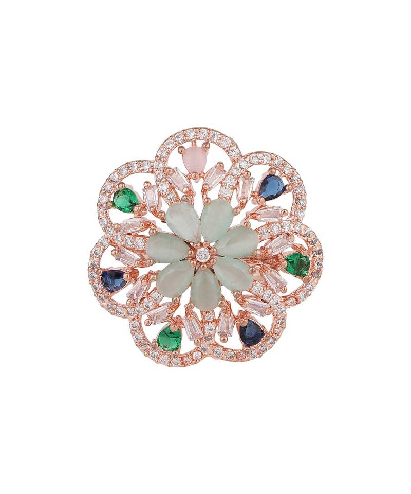 Rose Gold Floral Multicolor American Diamond Cocktail Ring