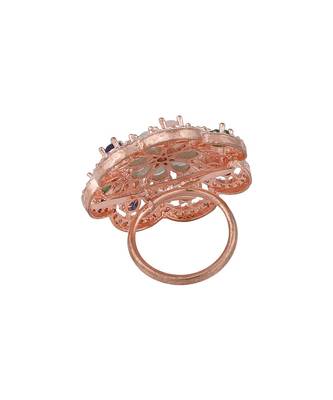 Rose Gold Floral Multicolor American Diamond Cocktail Ring 4
