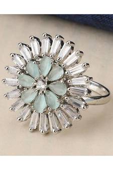 Silver American Diamond Floral Green Stone Cocktail Ring