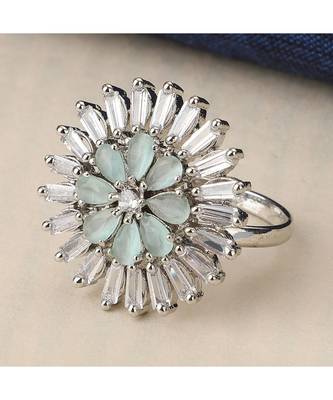 Silver American Diamond Floral Green Stone Cocktail Ring 1