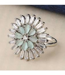 Silver American Diamond Floral Green Stone Cocktail Ring