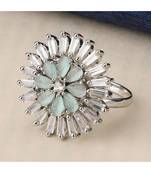Silver American Diamond Floral Green Stone Cocktail Ring