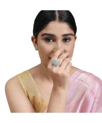 Silver American Diamond Floral Green Stone Cocktail Ring 2