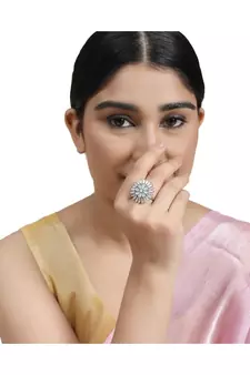 Silver American Diamond Floral Green Stone Cocktail Ring