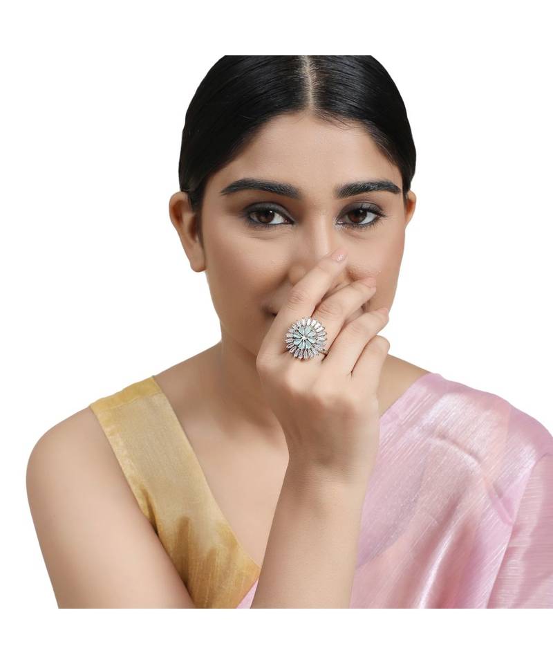 Silver American Diamond Floral Green Stone Cocktail Ring