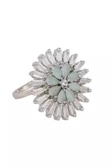 Silver American Diamond Floral Green Stone Cocktail Ring