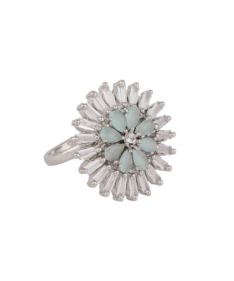 Silver American Diamond Floral Green Stone Cocktail Ring