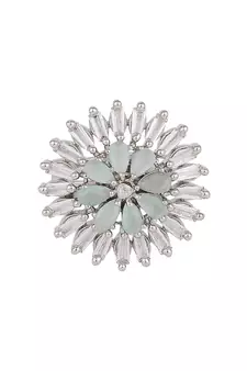 Silver American Diamond Floral Green Stone Cocktail Ring