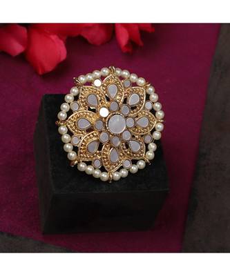 Gold Plated Mirror and Pearl Studded Floral Ethnic Cocktail Ring 1