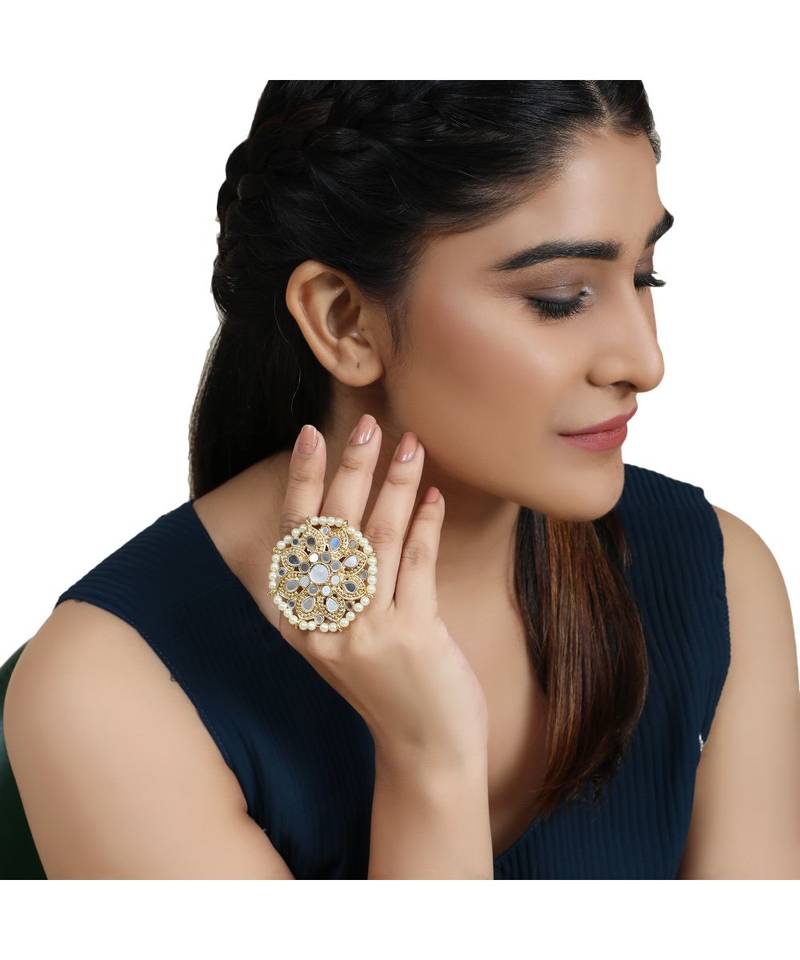 Gold Plated Mirror and Pearl Studded Floral Ethnic Cocktail Ring