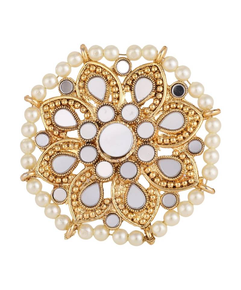 Gold Plated Mirror and Pearl Studded Floral Ethnic Cocktail Ring