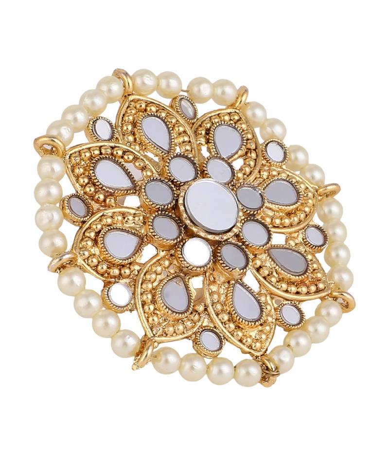 Gold Plated Mirror and Pearl Studded Floral Ethnic Cocktail Ring