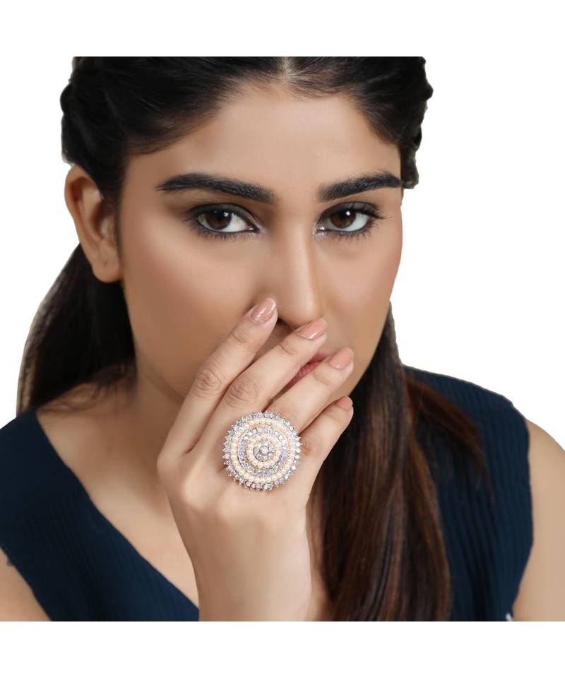 Rose Gold Stone and Pearl Studded Round Cocktail Ring