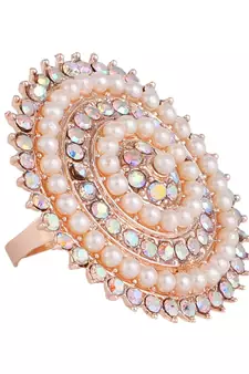 Rose Gold Stone and Pearl Studded Round Cocktail Ring