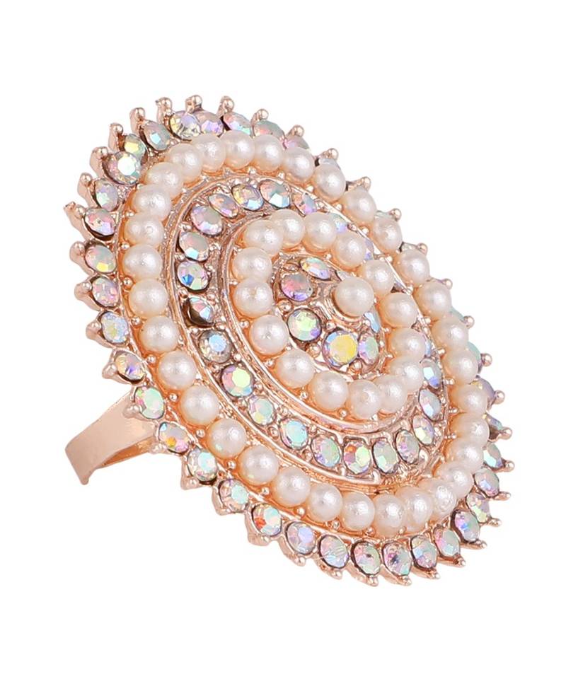 Rose Gold Stone and Pearl Studded Round Cocktail Ring