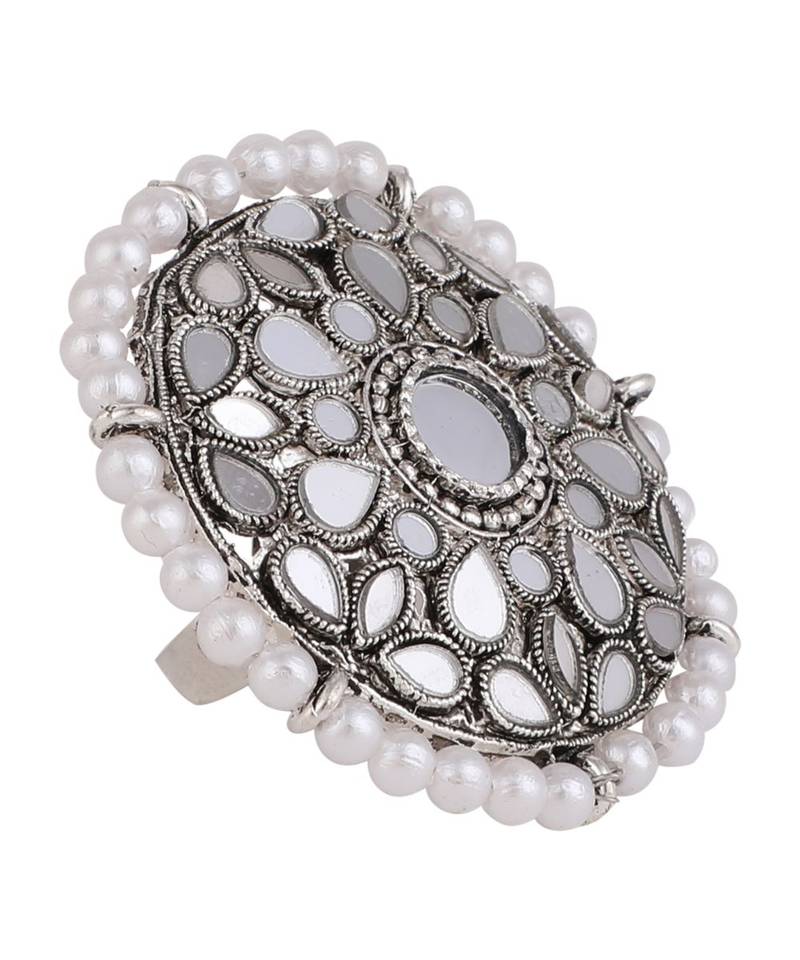 Oxididsed Mirror and Pearl Studded Contemporary Ring - Mode Mania - 3978481