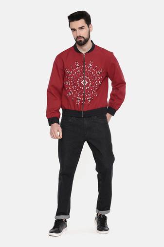 Mandala Embroidery Red Bomber Jacket