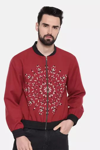 Mandala Embroidery Red Bomber Jacket