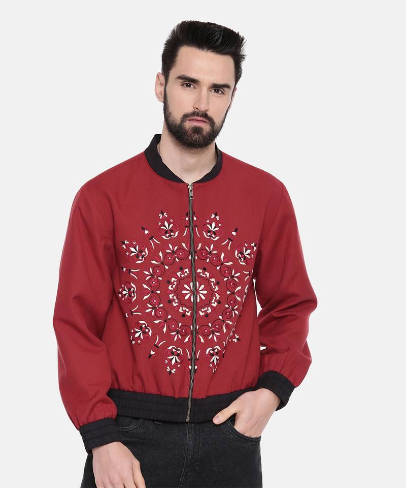 Mandala Embroidery Red Bomber Jacket