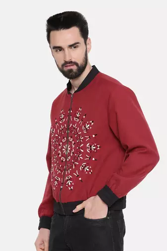 Mandala Embroidery Red Bomber Jacket