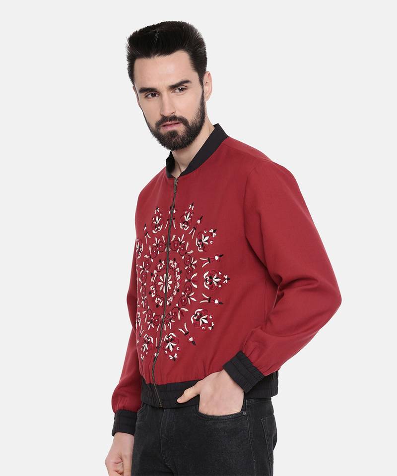 Mandala Embroidery Red Bomber Jacket