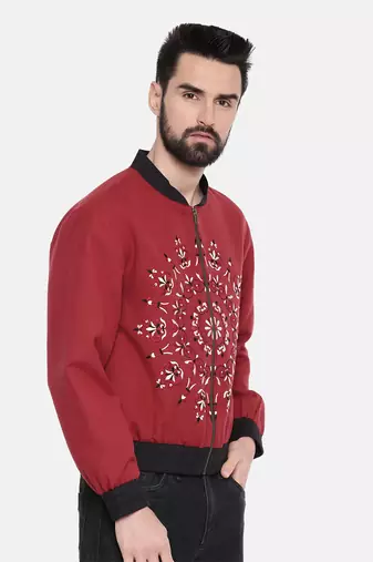 Mandala Embroidery Red Bomber Jacket