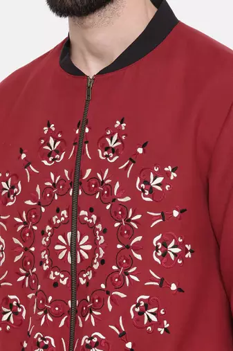 Mandala Embroidery Red Bomber Jacket