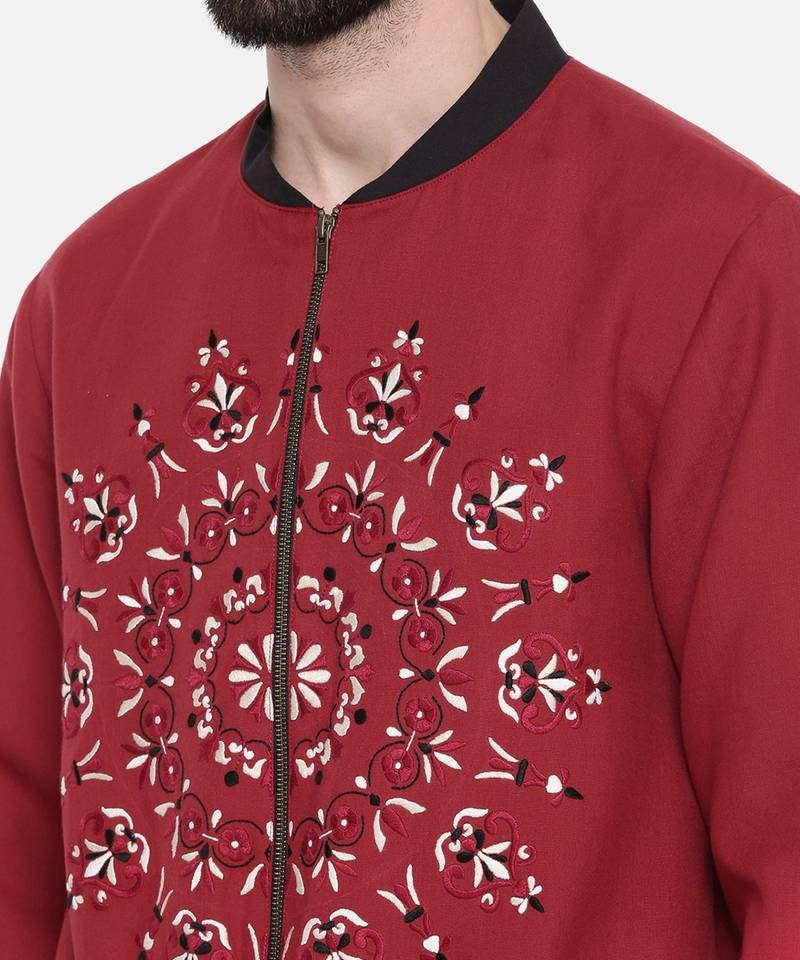 Mandala Embroidery Red Bomber Jacket